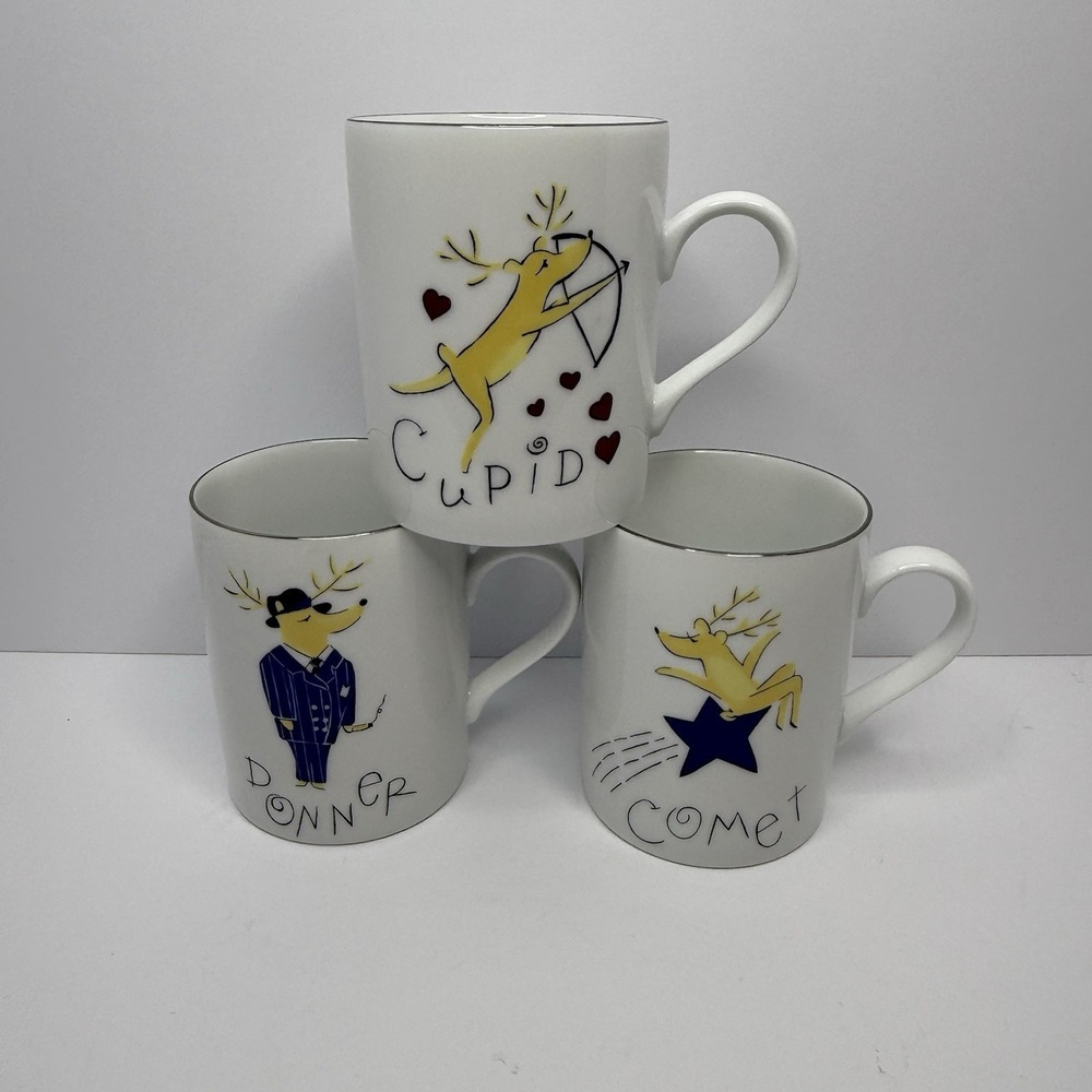 Pottery Barn Reindeer Mugs 12 Oz Silver Trim Lot Of 3 Donner Comet Cupid